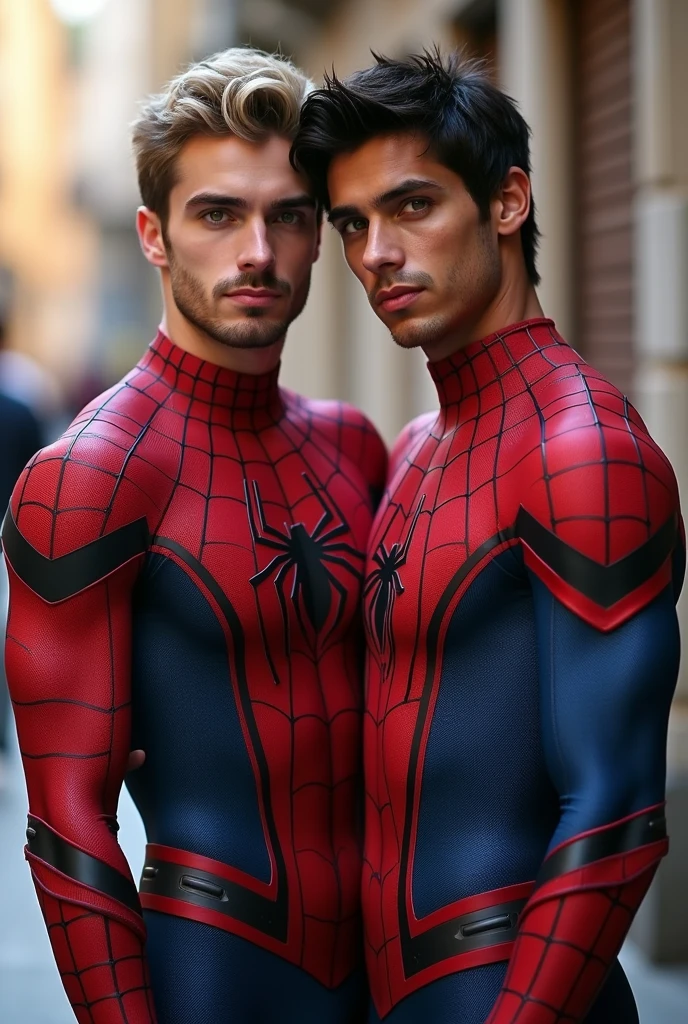 (photorealism:1.2), Tim Drake and Peter Parker in tight swimsuits, not caring if someone sees through them 