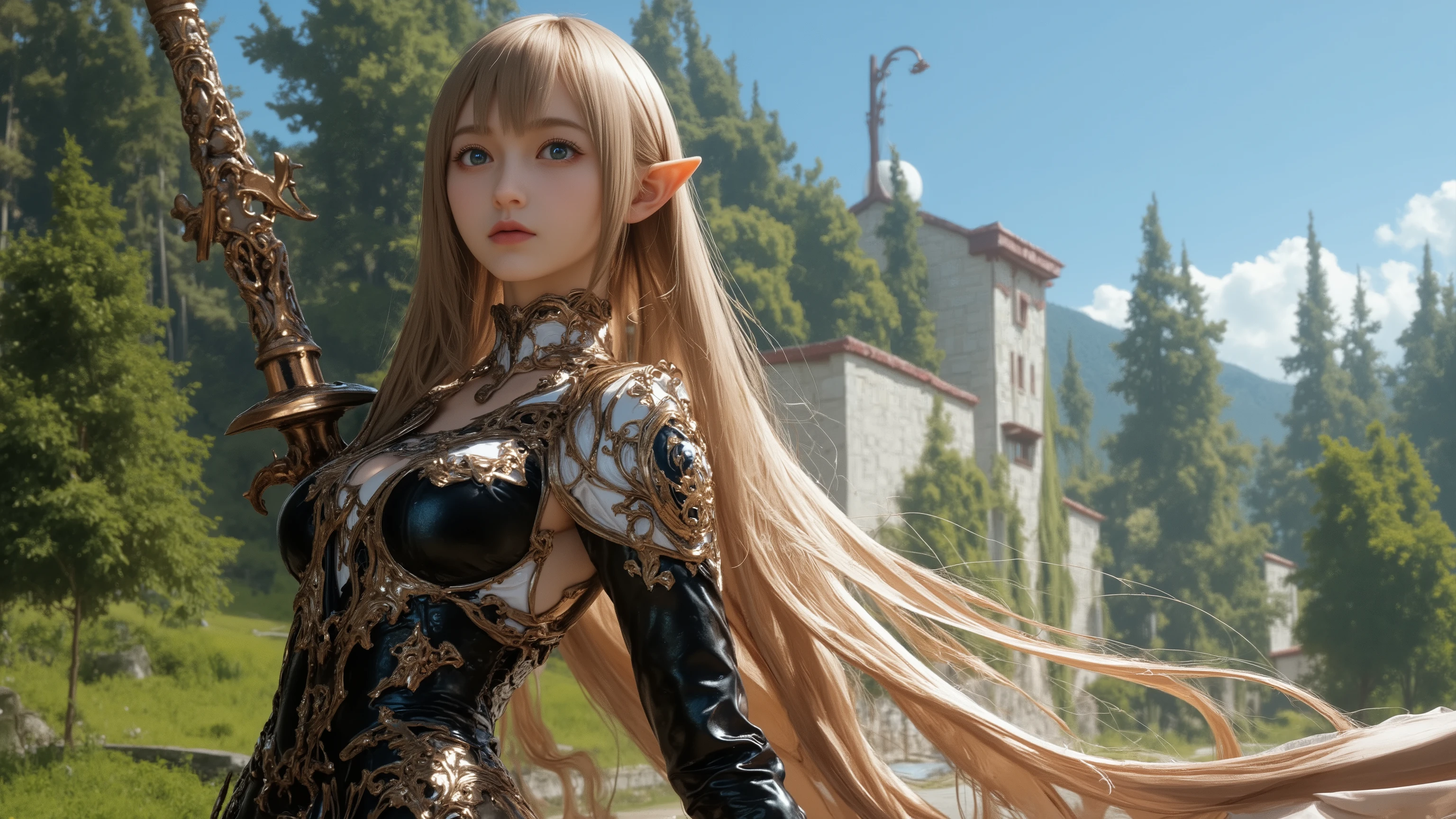 Japanese anime style . female. middle ages. Europe. fantasy around the eyes . skirt . sword . standing. full body. from below.