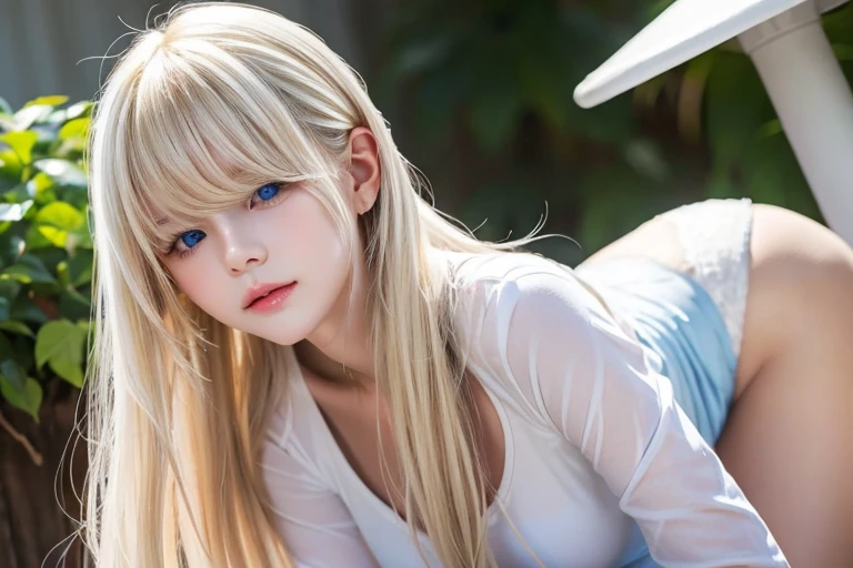 masterpiece, highest quality, Wolf Girl, elegant, One girl, Wolf Ears, Wolf's tail, cute, Blushed, View Viewer, From above, Blonde Wavy Hair, mini skirt, black and white striped t-shirt, blue eyes, Beautiful Eyes, Beautiful background, Particles of light, Light of the sun, Dramatic lighting, outside, Shiny, Realistic, masterpiece, highest quality, ultra-detailed, detailed, scenery, beautiful detailed eyes, detailed hair Selfie