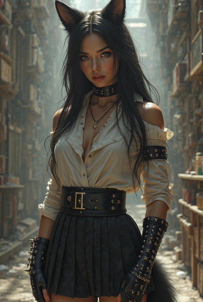 an elven maiden, wearing a tweed vest and patched trousers, athletic hourglass figure, busty bosom, pointy elf ears, amber eyes, dark hair, long messy curls, elven ears, warm almond skintone, freckles, elven ears, standing on a foggy Victorian-era street corner, concept art, graphite shading, stencil marks, airbrushed acrylic paint, masterpiece