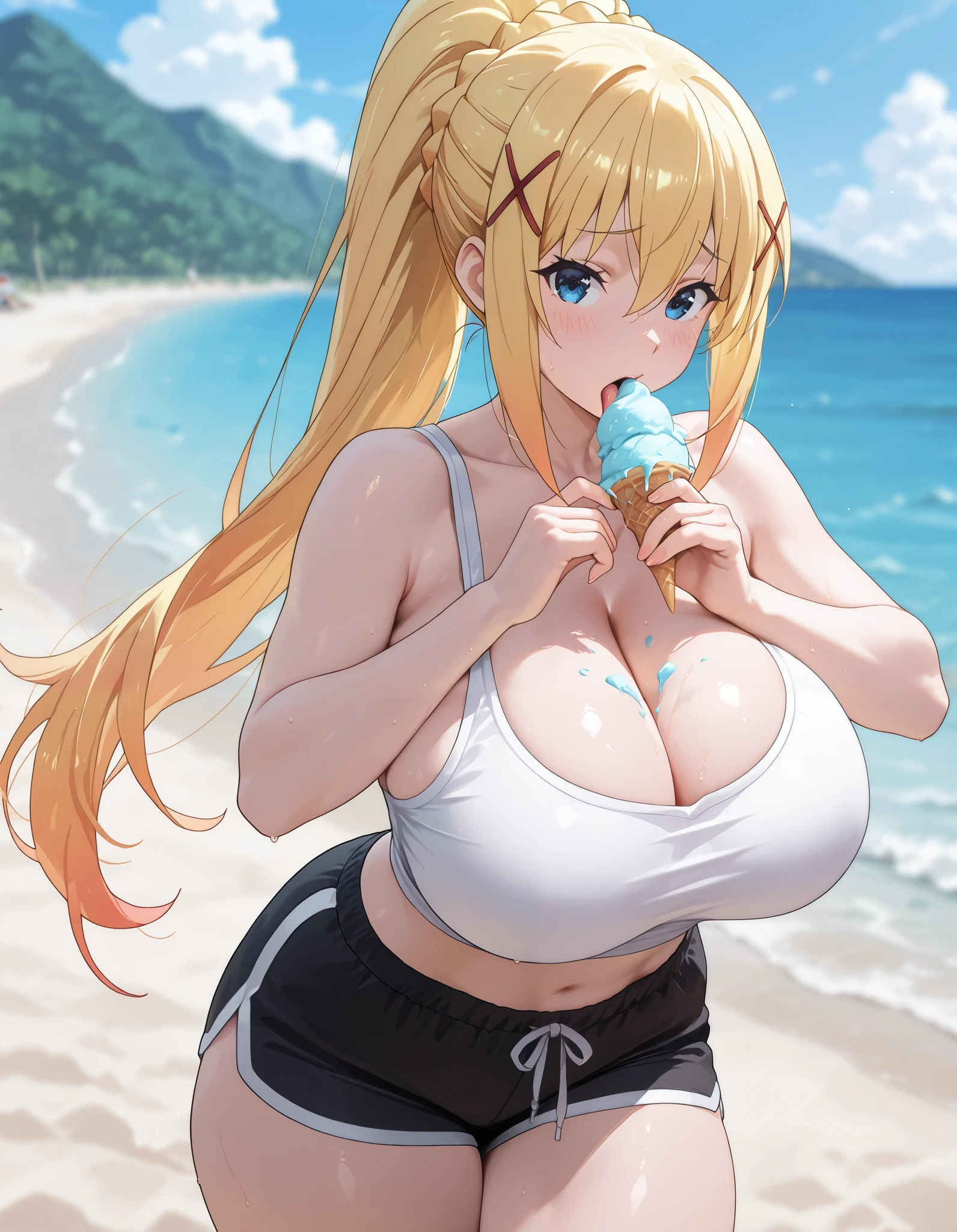 1girl ,solo. front view,, white tank, cleavage, black gym shorts, short shorts, exposed midriff , huge breasts, blurry beach background , shiny,, very pretty face, , darkness\(konosuba\), dynamic_pose, masterpiece, top quality, high fashion , light color, intricate details, thick thighs, look at viewer, charming, seductive,pink ice scream,  (Holding the ice cream in both hands , he takes out the bottom and licks it hungrily . :1 . 5)、 The sight of them eating ice cream while chatting and licking the ice cream
