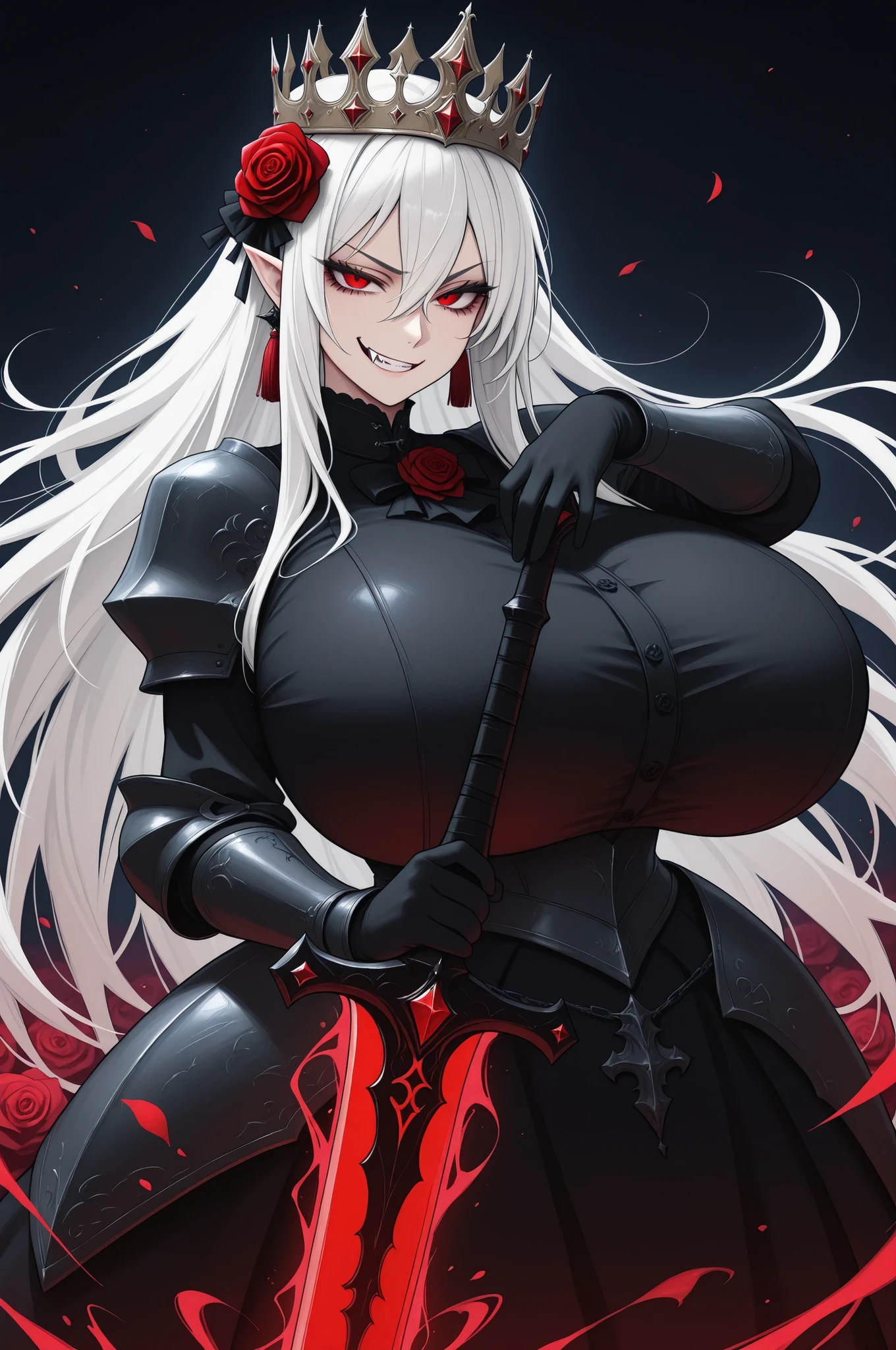 (masterpiece, best quality, perfect face, (beautiful and aesthetic:1.2), extremely detailed, highest detailed face), (beautiful dark elf warrior,matute female, (messy white hair:1.4), (red eyes:1.2), (flawless pale skin:1.3), (gray skin color:1.6), fake breasts, (narrow waist), (thicc thighs), wide hips, long legs, (slender body:1.2), ((red magic energy swirling around)), ((wields enchanted daggers:1.2)), ((very skimpy outfit)), ((pin-up pose)),, ((dark fantasy background)), (high quality, hyperrealistic, CG, unity, 4k),