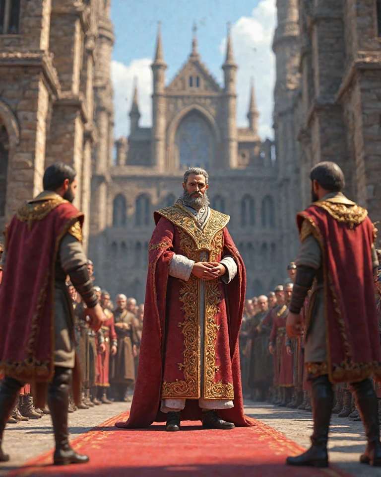 In a grand, cobblestone square of medieval London, Edward III stands elevated on a wooden platform, his regal presence dominating the scene. Clad in a richly detailed, royal robe, his hand is raised in a commanding gesture as he makes his solemn proclamation. The crowd below is a diverse mix of nobles in ornate attire, their faces stern and attentive, and common citizens, who listen in awe and reverence. The atmosphere is thick with tension, as the significance of his declaration hangs in the air. Dark, stormy clouds gather in the background, casting a brooding shadow over the assembly, while the ancient stone buildings of London rise imposingly around them. Flickering torches and banners bearing the royal crest add to the sense of gravity and impending change. The light, filtered through the darkening sky, highlights Edward’s figure, giving him an almost ethereal glow, as the crowd, illuminated by the warm glow of torches, looks on with a mix of fear, hope, and uncertainty., Surrealism, Hyperrealism, UHD, retina, masterpiece, accurate, anatomically correct, textured skin, super detail, 16k
