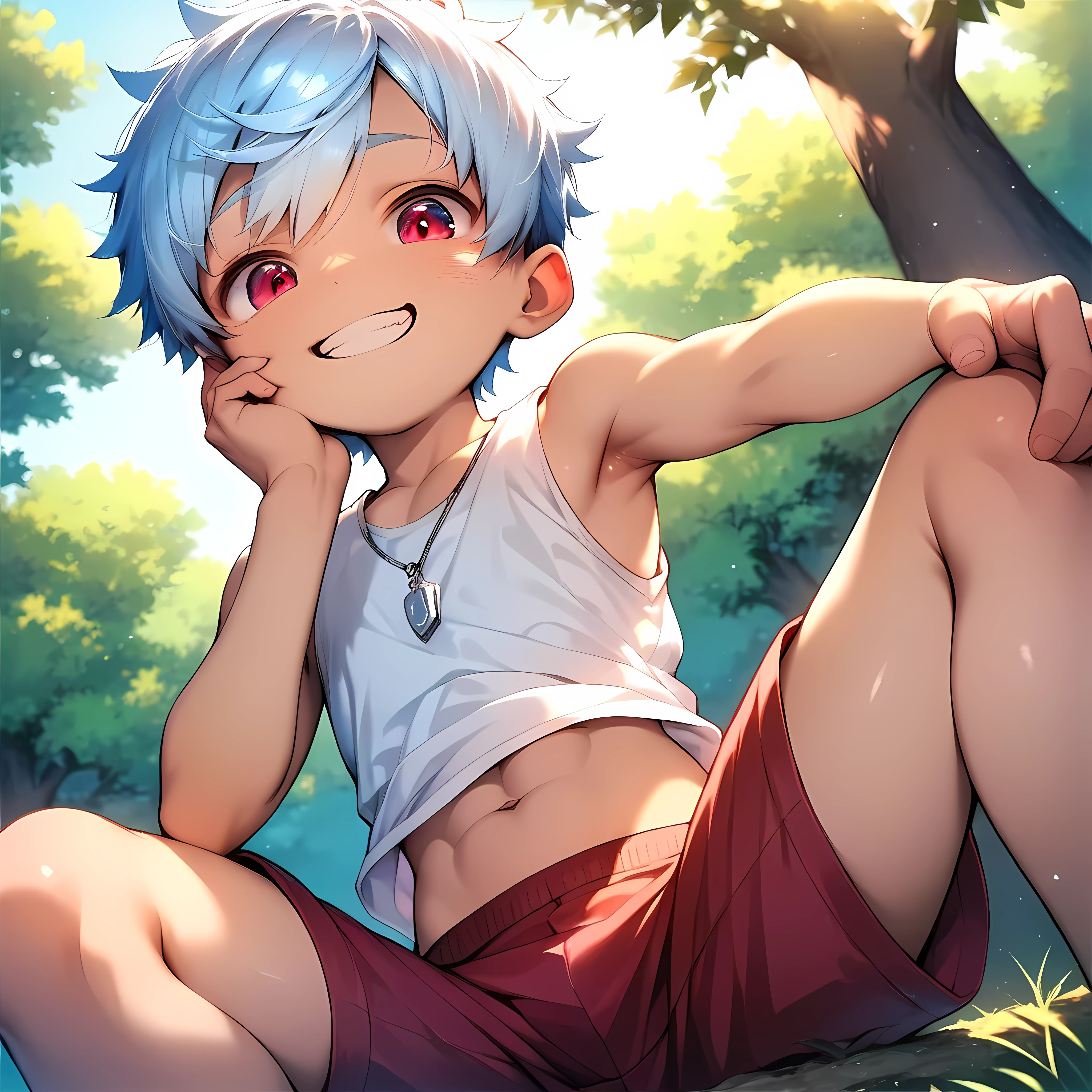 (score_9, score_8_up, score_7_up), (perfect face:1.2), (detailed face:1.3), (detailed eyes:1.3), shiny eyes, (masterpiece eyes), (cute face:1.2), (shota:1.5), (sitting with knee up:1.3), (arched back), (one hand on cheek:1.2), BREAK (white tank top), (red short pants), BREAK (light blue hair), (wine red eyes), (eyes with highlight:1.2), (smiling), (grin), (spread legs), BREAK (on tree:1.2), (soft white lighting:1.2), (silver necklace), abs, groin, (look at viewer), (soft natural lighting), wind blowing, from below,