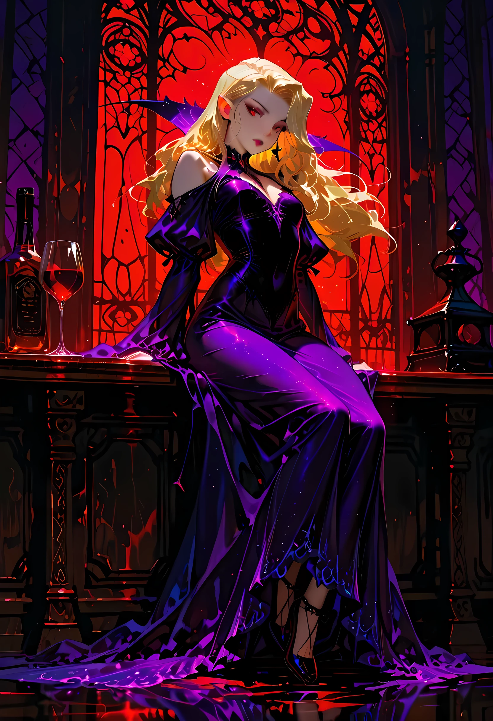 a picture of a vampire waiting in a bar drinking wine, a female vampire, ultra feminine with a long curvy hair, blond hair , red eyes, beautiful delicate face, pale skin, Ultra Detailed Face, vampiric fangs, wearing dress, purple dress, intricate dress, transparent voile dress, wearing high heels, sitting in bar, waiting for prey, drinking red wine,, dark fantasy art, gothic art, (masterpiece: 1.5), full body best details, highly detailed, best quality, highres, bar light, dim light, dark fantasy background (best details, fantasy art, Masterpiece, best quality: 1.5, inematic light, High Detail, Ultra High Quality, High Resolution, 16K Resolution, Ultra HD Pictures, Ultra Realistic, Clear Details, Realistic Detail, Ultra High Definition, Cinematic Shot, HCQ Style, Vampire Dress, Vampire fangs teeth, g0th1cpnk