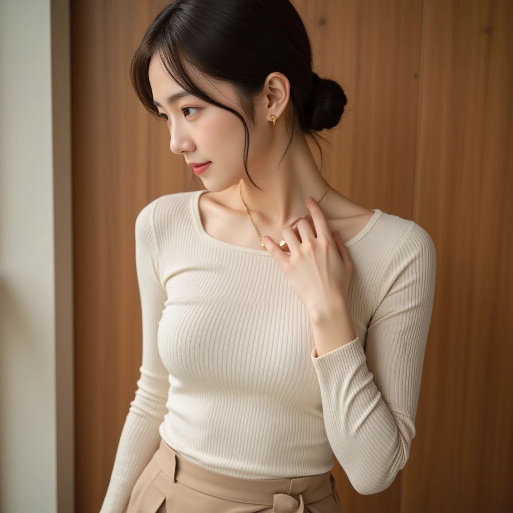 Retro red short dress, mini skirt, tight silhouette, big breasts visible from the top of clothes, tight waist design