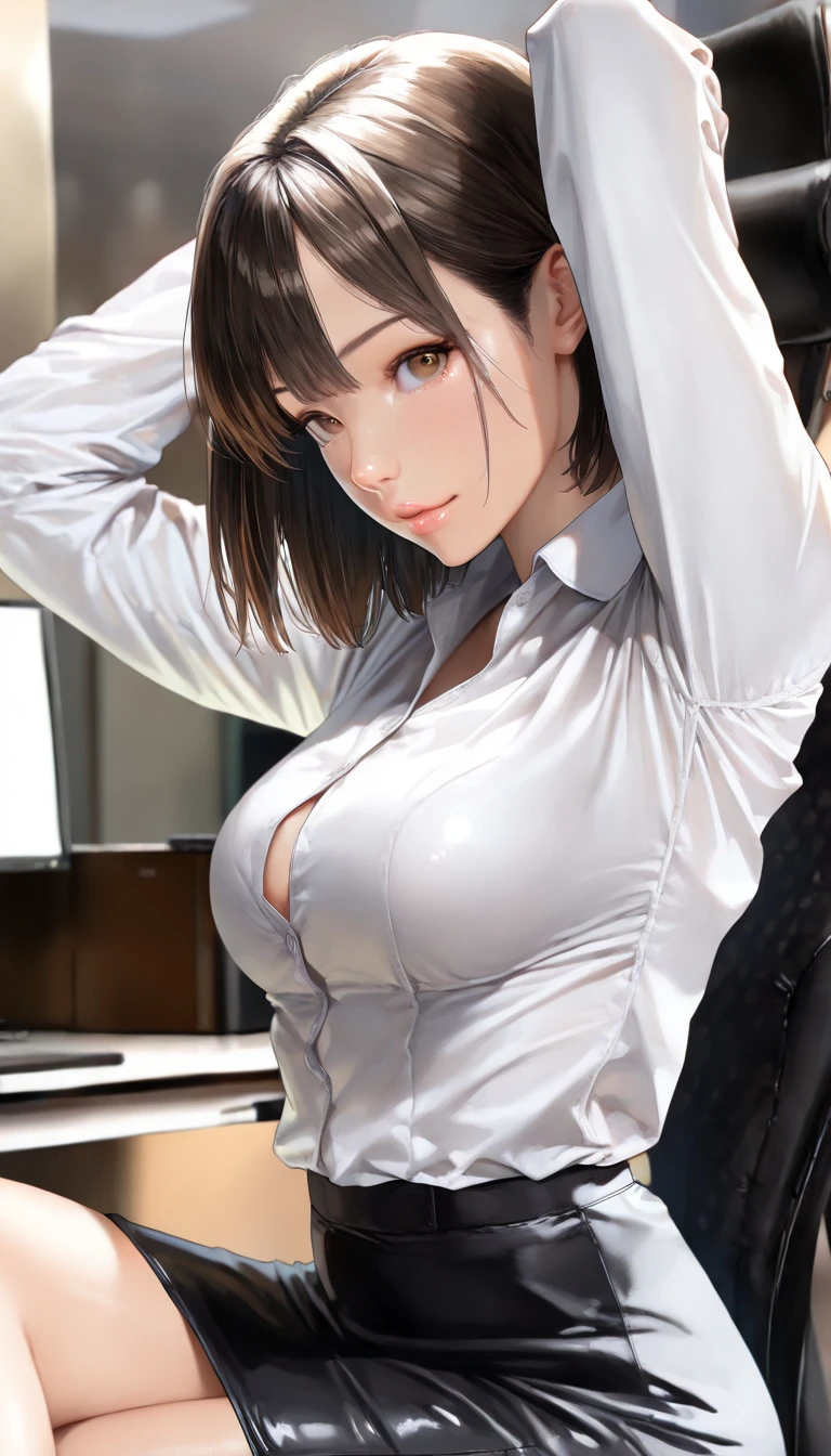 anime semi-realism style, a hot office lady wearing eye glasses, curly short hair, white shirt, black short skirt, sitting with crossed legs, 4k, HD, very detailed character.