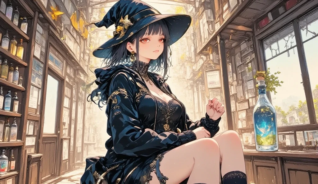 whole body, Anime character, arcane books and scrolls, a grand fireplace, traditional witch outfit, hat, absurdres, RAW photo, extremely delicate and beautiful, masterpiece, Best Quality, ultra high resolution, 32k, hyperrealistic, ultra-detailed, perfect figure, perfect shape, detailed description, pale skin, 20 years old, detailed beautiful face and eyes, tearful mole, earring, short medium hair, wavy hair,