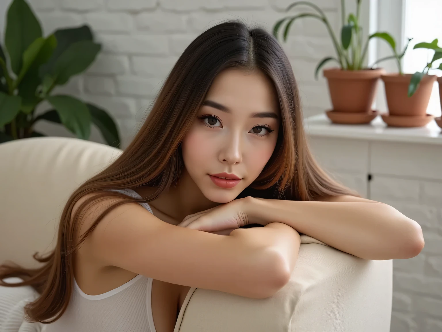 ((Best quality)), ((Masterpiece)), (in detail),  woman on her face with long , straight hair, relaxing on a light beige sofa in a relaxed pose, , one hand rests on the back of the sofa, and the other one is located next to a textured white brick wall. She is in a rustic room,  in the background , and the potted plants add a touch of greenery. The lighting is soft, , creating gentle shadows, emphasizing her smooth skin, , creating a calm and serene atmosphere. Overall, the composition is cozy and warm, offers a relaxed and natural setting