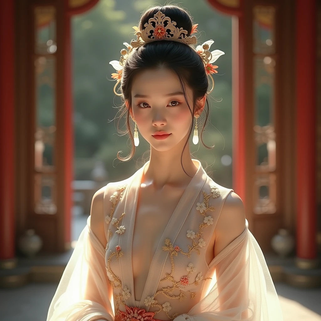 masterpiece,ultra realistic,32k,extremely detailed CG unity 8k wallpaper, best quality, 1 girl, (White robe), In a captivating scene, Exquisite and beautiful features, Big eyes look at you, Dance, Dunhuang costumes, Dunhuang style, Arms, Dance with the ribbon, Multicolored ribbons,golden jewelery, Ancient Chinese hairstyle, gossamer, Streamers, Flying in the air,Light makeup, eye shadows, Brow line, (face), dynamics, Petals flying, Details, jewelry, Earrings, bangle, bshoulders, Complex textures, chest, Guqin, conduit, Natural expression, Charming smile, A beautiful woman in a flowing white Chinese robe is flying in the air, Soar through the clouds. The wind gently lifts her robe, Emphasize the feeling of flying,As they fly gracefully over the ethereal cloud scene