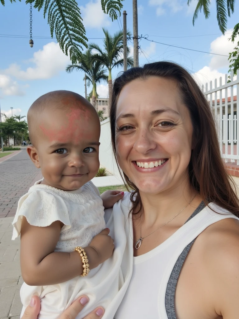 a beautiful Brazilian woman with indigenous Brazilian physical characteristics, at the forest, with your baby boy