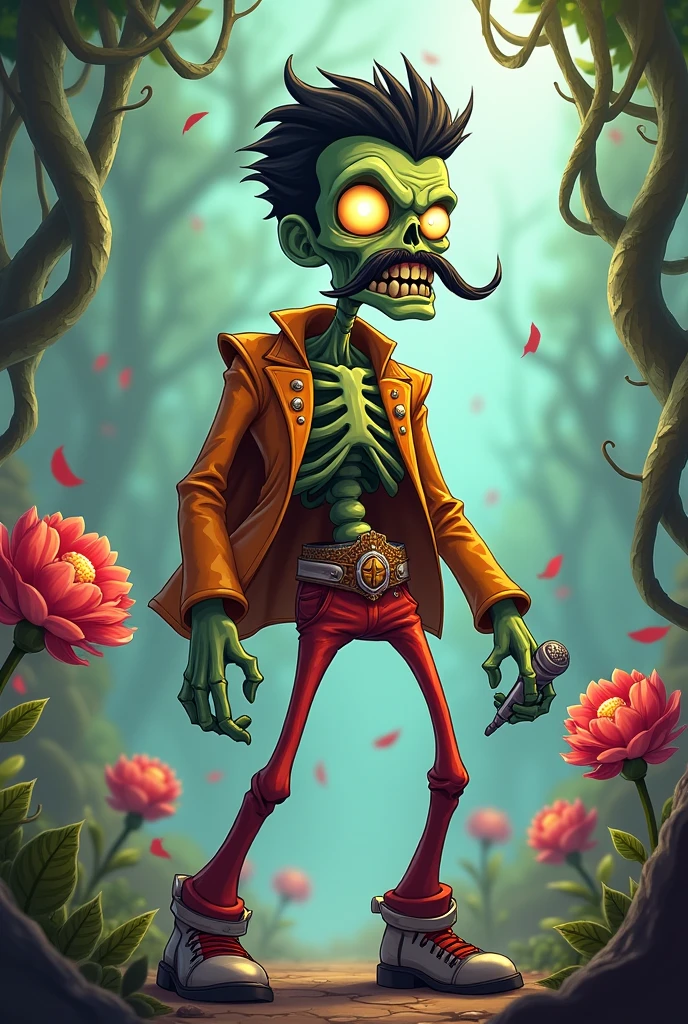 a dancing Zombie dressed like Elvis Presley, Surrounded by Plants, game "Plants vs. Zombies", full body, cinematic still, cinemascope, best quality, masterpiece, very aesthetic, perfect composition, intricate details, ultra-detailed, vivid colors
