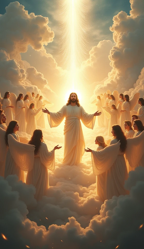 Men and women and children dressed in white robes ascending to heaven among the white clouds