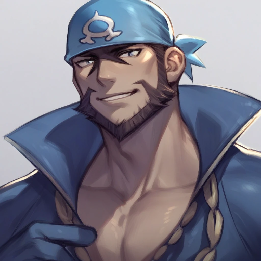 ((Detailed, masterpiece, high quality, best quality)), full body, concept art, sketch, crossed arms, solo male, ppjarvan, facial hair, snorkel on head, floaties, open vest, tooth necklace, shorts, beach, lighter background,