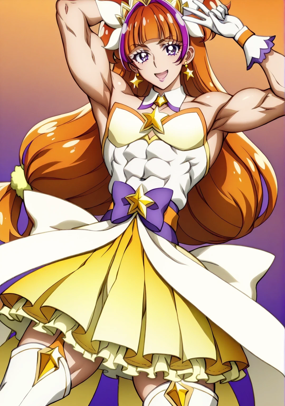score 9 、score 8 up、score 7 up、masterpiece、top quality、high resolution、anime coloring、1boy、cure twinkle、(male:1.6)、 Cartoon Images of Men Wearing Dresses 、boy with orange brown twin tail hair、official art、solo、long hair、 orange hair 、low tied long hair、multicolored hair、 Hair、two tone hair、streaked hair、blunt bangs、high short twintail hair、low two side up hair、Jewelry brooch 、 V line around waist 、Muscular and strong、white boots、strapless dress、sexy、thigh boots、Strong muscles、yellow miniskirt、purple bow、yellow bow、Sparkling Magical Boy、sexyな雰囲気、purple mini skirt、layered skirt、ultra mega super hyper sexy、purple mini skirt under yellow mini skirt、Masculine and muscular、 Official Artwork 、Anime Prince、 purple eyes、 headquarters artwork 、muscular man、wrist cuffs、purple bow tie、orange belt、collarbone、covered midriff、covered abs、covered navel、 covered stomach、upper pectoralis major、pectoralis major、biceps、biceps long head、biceps short head、triceps、triceps medial head、triceps lateral head、triceps long head、deltoids、anterior deltoids、middle deltoids、posterior deltoids、thigh muscles、fanart、Beautiful、Bare shoulders、Bare Arms、 cool anime boy 、(manly:1.6)、yellow mini dress 、sexy boy、cool boy、lewd boy、adult boy、white thigh-high boots、 dress up darling anime 、Official Anime Artwork、sexy male、 magical aura、naughty smile、lewd male、perfect body、perfect hands、perfect arms、perfect legs、sexy smile、 male focus、looking at viewer、cure twinkle outfit、solo focus、cowboy shot、(male body:1.6)、beefcake style、(manly face:1.6)、orange background、purple background、two tone background、gradient background、multicolored background、