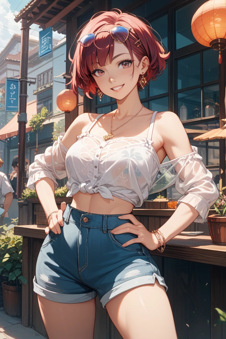 ((Orange Hair)), Green Eyes, Long half-up hairstyle, bust, ((Fuller lips)), ((masterpiece)), ((detailed)), ((Pink camisole)), ((open jean shorts)), ((highest quality)), ((Outdoor shopping)), Big Breasts, ((bright)), (Cute eyes), View your viewers