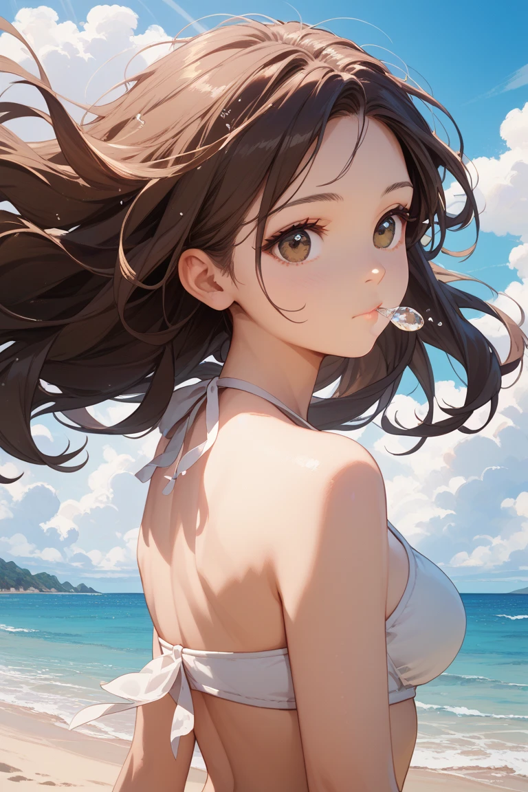 Best Quality,High resolution,8k,finelity detailed background,Masterpiece:1.2),beautiful girl,Shiny khaki hair,messy hair,khaki eyes,Gentle look,A refreshing look,smile,Best quality,Best Quality,Aesthetic and aesthetic:1.2,Best details((Super detailed))(High-definition CG illustrations),o-ring bikinii,(black),Slender body,Ocean,beach,Daytime,Light of the sun,smile,blush,cute,Scrounge,Looking up,Being spoiled,super model,shoot from,below