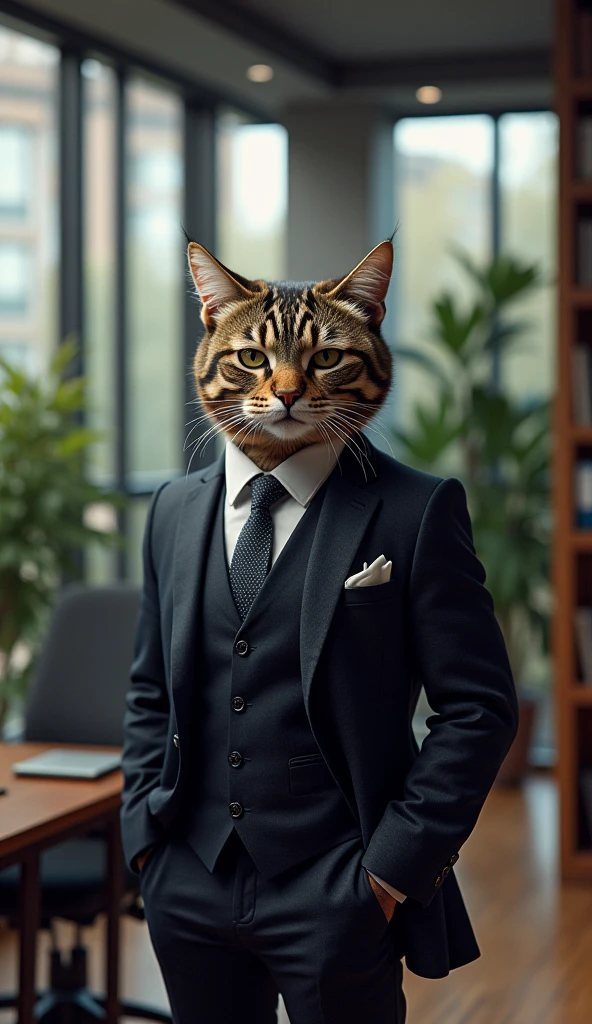 un muscular office worker cat, detailed facial features, serious expression, standing upright, suit and tie, in a modern office environment, large windows, potted plants, computer desk, bookshelf, professional, 8K, ultra-detailed, photorealistic, studio lighting, vibrant colors, dramatic lighting, cinematic, elegant, digital art