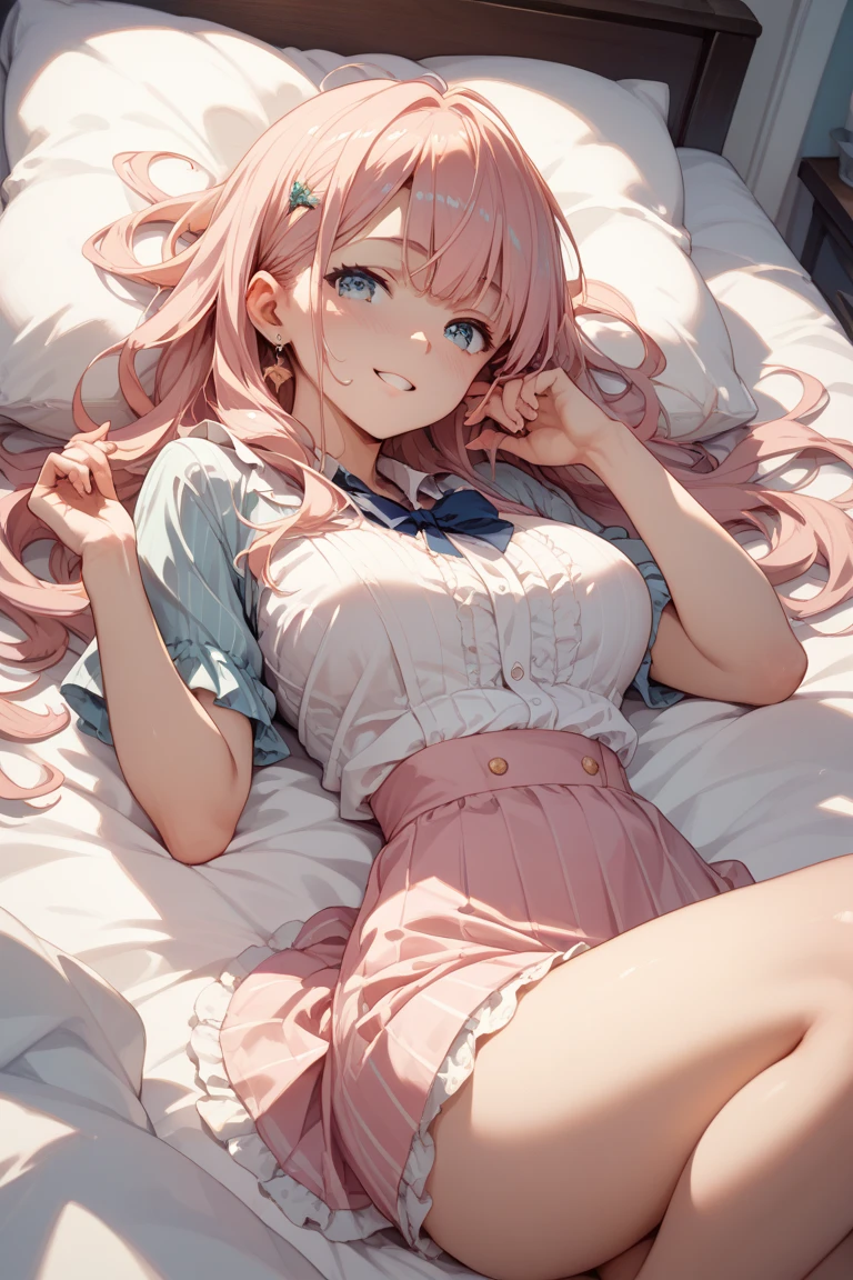 (Best Quality,High resolution,8K,finelity detailed background,Masterpiece:1.2),beautiful girl,Shiny pink hair,messy hair,Pink eyes,Gentle look,A refreshing look,Best quality,Best Quality,Aesthetic and aesthetic:1.2,Best details((Super detailed))(High-definition CG illustrations),cuteパジャマ,Slender body,night,Moonlight,Bedroom,On the bed,smile,blush,cute,Scrounge,Looking up,Being spoiled,super model,wariza,shoot from below