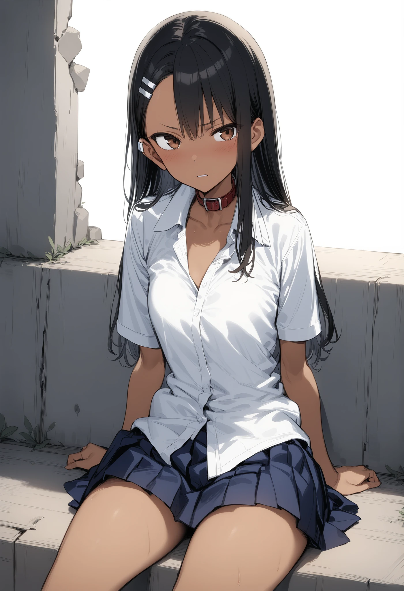 ((masterpiece,top quality:1.2)), (super resolution),(solo), Nagatoro sitting by the wall of ruins at night_hayase, brown eyes, Black Long Hair, Brown Skinned Woman, sunburn, sunburnlines, hair clip, school uniform, white shirt, collar shirt, pleated skirt,cowboy shot, serious expression