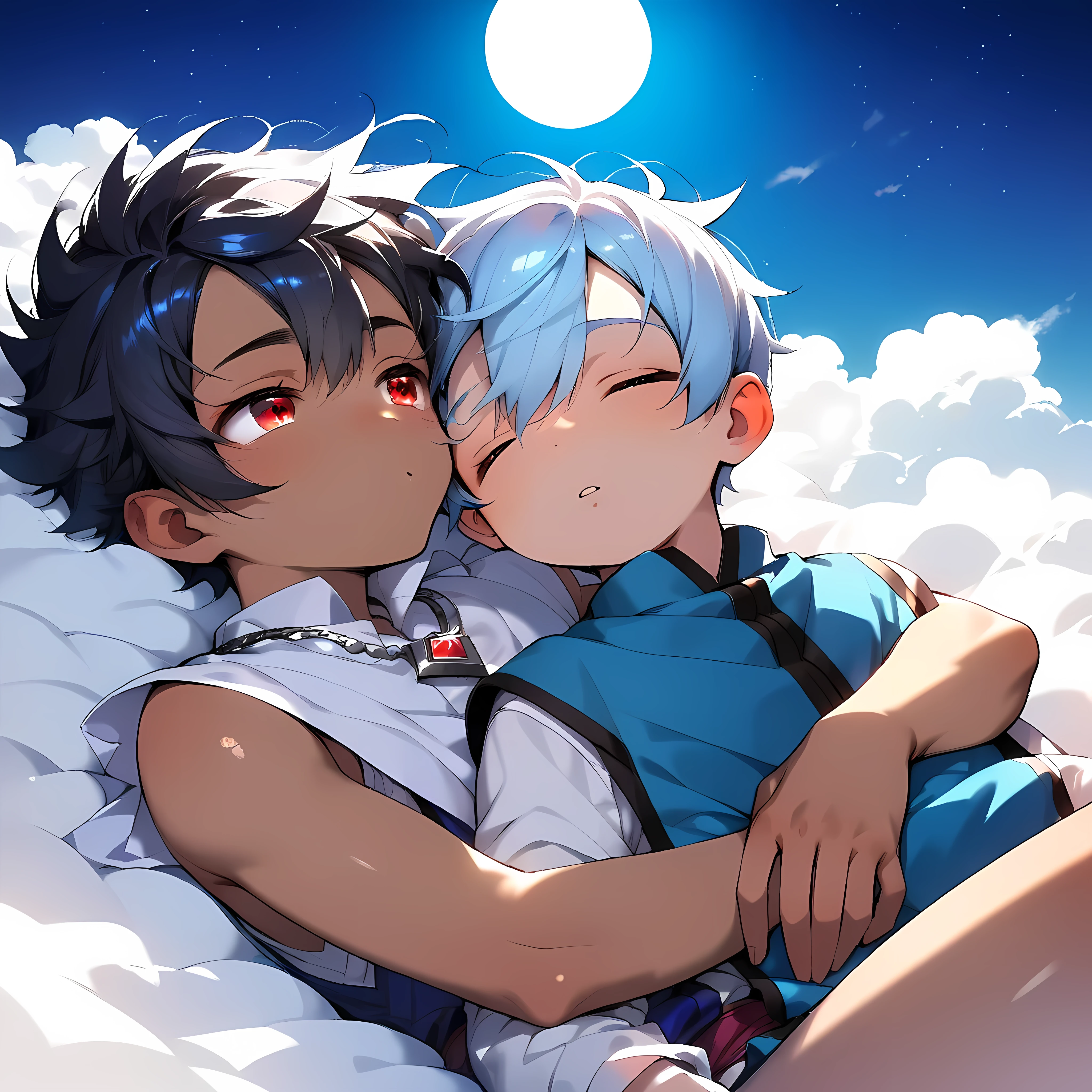 (score_9, score_8_up, score_7_up), (perfect face:1.2), (detailed face:1.3), (detailed eyes:1.3), (shiny eyes), (masterpiece eyes), (detailed hair), (cute face:1.2), (two boys), (shota:1.4), (sleeping:1.3), (hugging each other:1.3), BREAK (dark blue tabard:1.3), BREAK (one boy light blue hair and white skin), (another boy black hair and tan skin), (wine red eyes), (half closed eyes), (eyes with highlight:1.2), (relieved), BREAK (on huge cloud), (at night), (night sky), (big moon), (many stars on sky:1.2), (cool torn), (blue lighting), (silver necklace), cinematic lighting, (wind blowing hair:1.2),