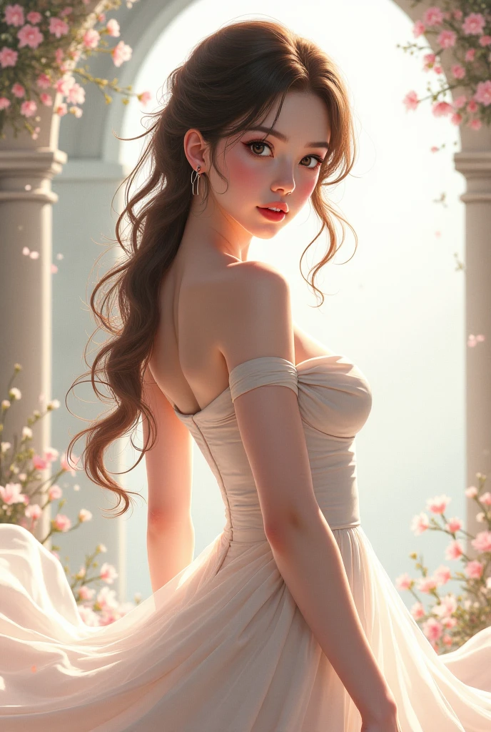 An incredibly beautiful young femme fatale with brown hair with green eyes, her long curly chocolate hair is gathered in a beautiful hairstyle, decorated with flowers, jewelry, she has long bangs, she is a goddess, she wears the clothes of the goddess Hera. She is standing in a grape field, holding a jug on her shoulder. Realistic image. Masterpiece, perfect image, realistic photos, full-length image, 8k, detailed image, extremely detailed illustration, a real masterpiece of the highest quality, with careful drawing.