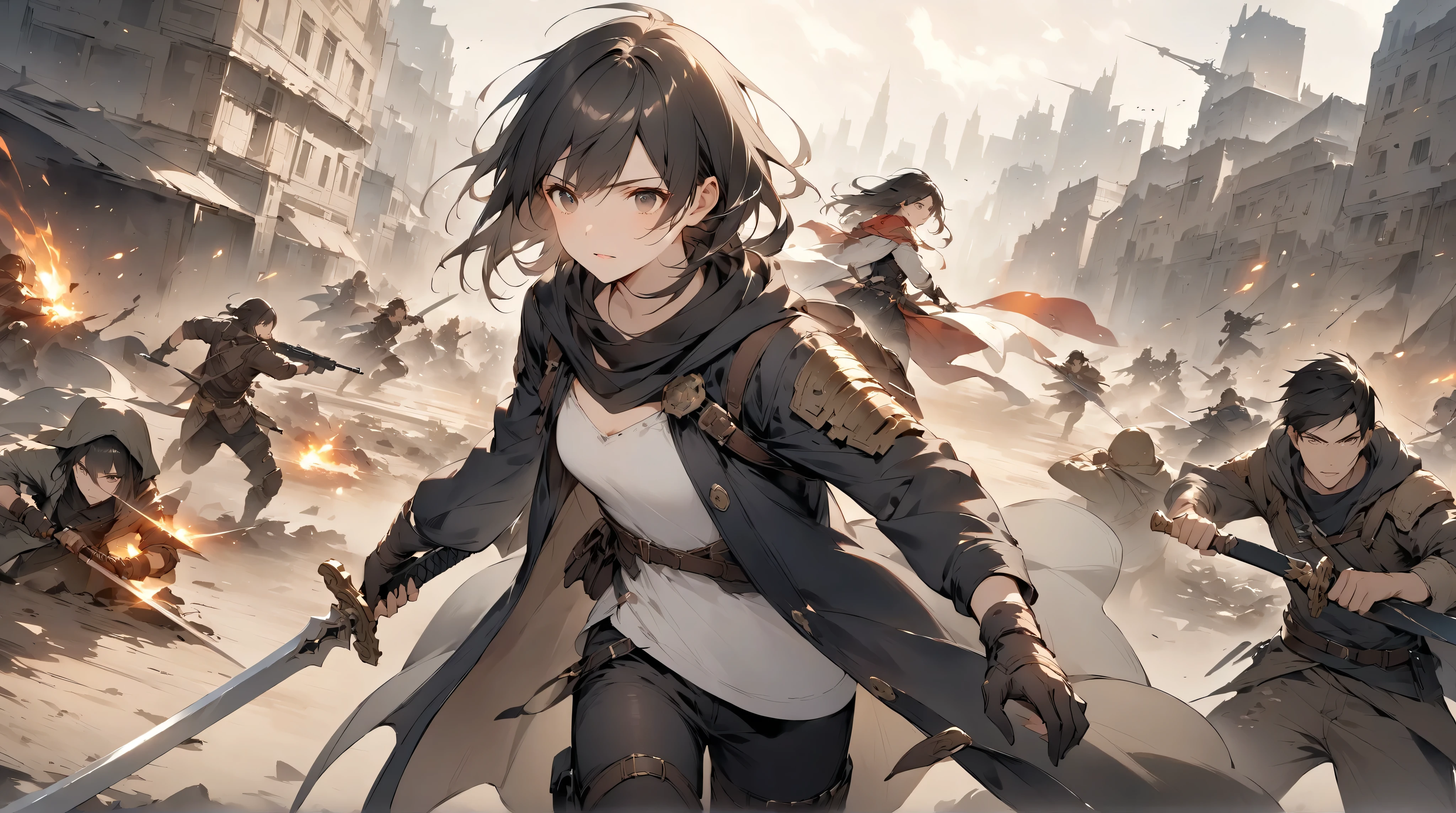 fantasy around the eyes。Hero with Sword。enemy。Cooperate with peers。city。fight。Focus on the face。wasteland。gun。 dark-haired woman