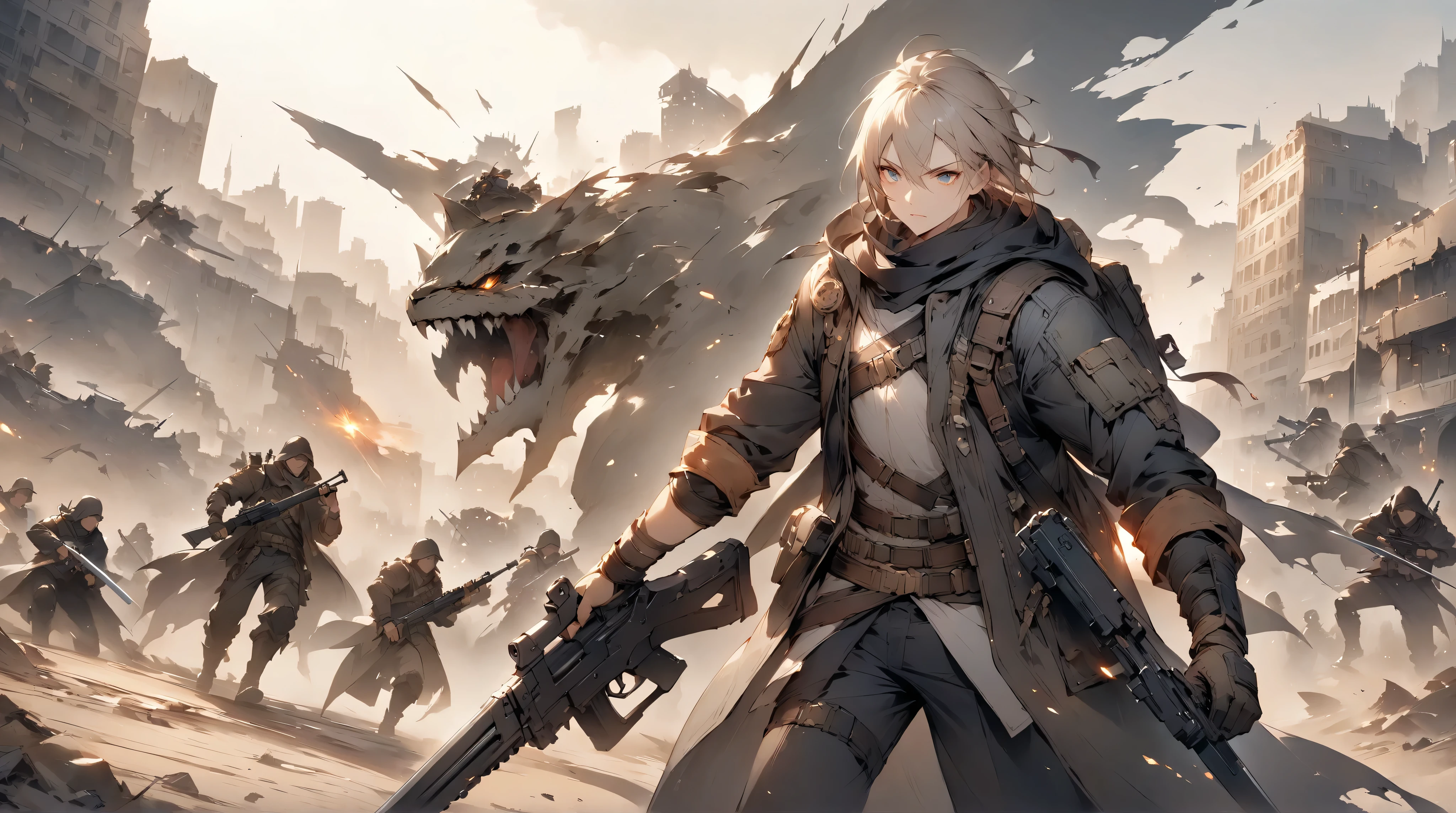 fantasy around the eyes。Hero with Sword。enemy。Cooperate with peers。city。fight。Focus on the face。wasteland。war。gun