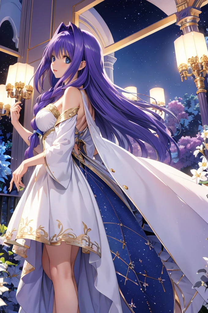 A princess with a delicate and beautiful face, large eyes, and translucent skin is looking up at the moon from a castle, enchantingly dressed in a traditional and glamorous medieval European dress and wearing a large hair ornament. A gentle, warm light surrounds the princess. The background is filled with soft out-of-focus light, and the pale blue and purple tones create a dreamy, serene, and enchanting atmosphere. Fireflies glowing in the moonlit night surround the princess, adding to the magical and ethereal atmosphere. Emphasis on the armpit and clavicle