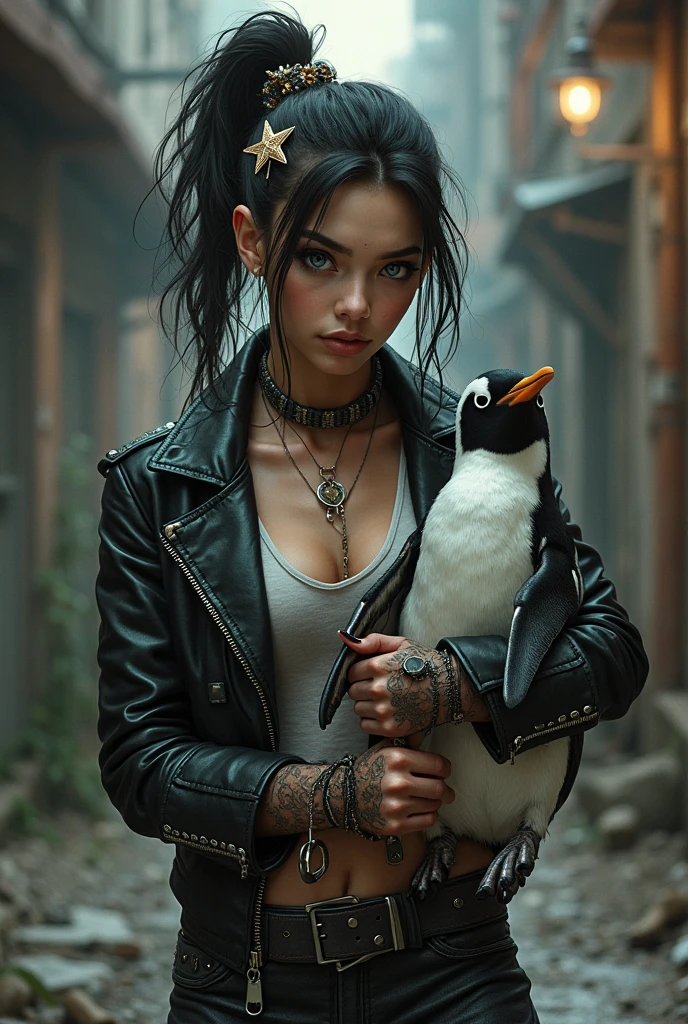 (((Perfect camera shot of a incredibly beautiful 1 girl and 1 guy with a funky cool black mohawk and a black crow is sitting on her shoulder))), (((mouth slightly opened))), (((large fashion style black sunglasses))), ((busy nyc street scene)) ((futuristic cyberspace helmet)), best image quality, masterpiece, super high resolution, (fidelity:1.4), photo, (((1 girl))) dim, ((darkness)), movie, ((translucent futuristic checkerboard cyber outfit and clothes:1.5)), (translucent clothes:1.4), ((cyberpunk)), cyber gear, ((robot)) cyber tech and wires)), (((girl has overly large hanging breasts))), ((perfect and sharp facial features)), ((portrait)), (((dynamic shot))), ((perfect body)), (award winning super realistic photo), (((extremely tight transparent skimpy bikini))), colourful, vibrant, ((gorgeous perfect multicoloured reflective glowing eyes)), (((extremely studded))), ((street graffiti words wall art)), ((repetitive checkerboard patterns)), (((Japanese samurai tattoos))), ((heavy metal)), (((electric guitar and many super thick rap artist chrome gold chain jewellery)))