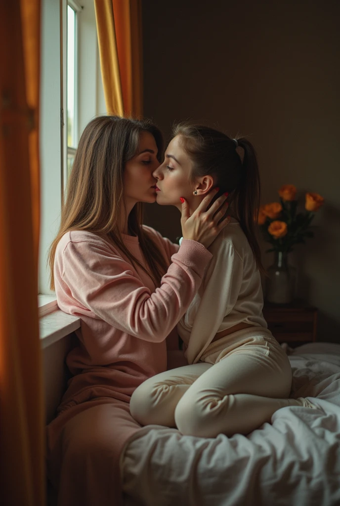 Belle fille qui embrasse une autre fille dans un lit, they are lying down