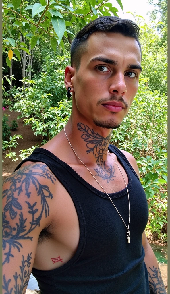 Create a Miami vibe art-style illustration of a Spanish male in his 20s. Features to include:  Silver hair tied up in a bun. a cross around his neck. Heterochromia eyes: one eye brown and the other light green. Colorful traditional Japanese demon tattoos on his body.