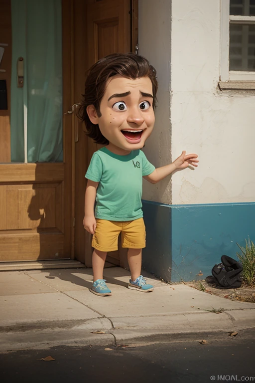 a Cute small male Fashion designer , 45-years-old, huge head, short hair, oval face，smile，fit, tall, Wearing a black baseball cap ，wearing Wear black T-shirt and dark blue jeans and black running shoes，Toy figures, best quality, 3d cartoon，full body view, fantasy, dreamlike, surrealism, super cute, trending on artstation