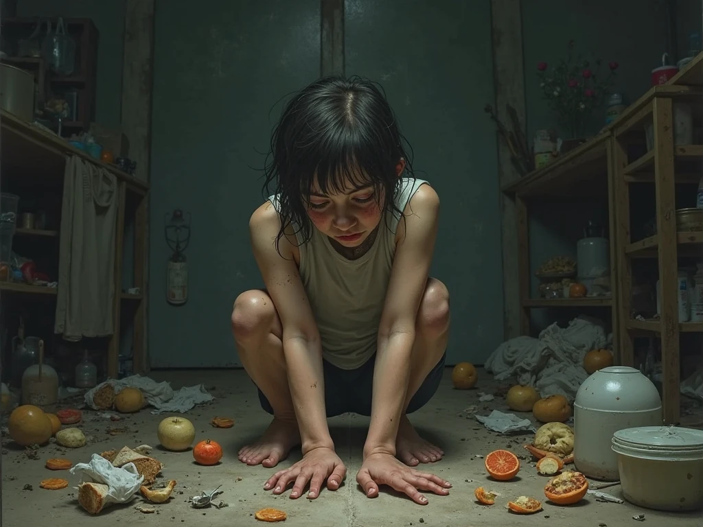 (8k, RAW photos, best quality, masterpieces, : 1.2), (realistic, photorealistic: 1.37), 17-year-old Japan girl with a sad face of homeless, sad expression of despair, sitting on the floor depressed, poor, dirty room littered with garbage, torn and dirty tattered dirty clothes, exposed plain clothes, torn fabric, collarbone, no bra, cotton panties, leg panties, Torn micropants, dirty hair, dirty face, dirty skin, wet skin, muddy skin, muddy feet, bare feet, small breasts, cleavage, unkempt hair, sweat, sweat drops, tan, close-up, from below, old kitchen, tile fragments, dark ruins, messy rooms, broken dolls, trash cans, top quality, ultra high resolution, physically based rendering, cinematic lighting, Complex and cinematic look, messy room, photorealistic, cowboy shot, dynamic angle
