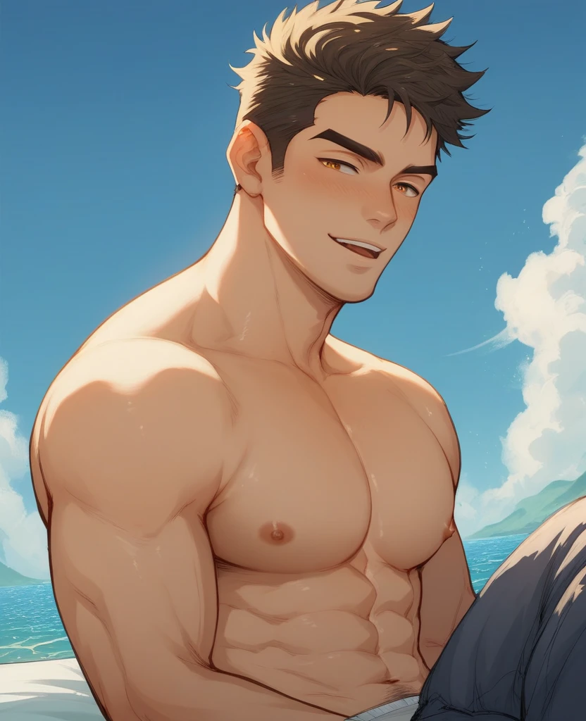 A Korean man, Slim body , Pale Asian skin, good eyes, Detailed body,massive bulge, Detailed face, Wear white thongs, Bare lower body, Good outdoor lighting, A sexy pose, Good expression , Sexy but cute, No beard, ,Only skinny thongs, A handsome face like a K-pop idol, Topless