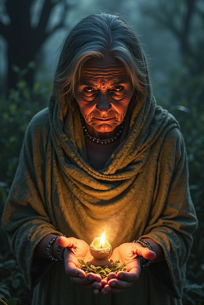 ((painting style)) (full body)(sitting on floor) (dark red ambience) (doing black magic creatures) (a cruel smile on her face) (scary ambience) A terrifying old Indian woman tantrik priest, piercing dark eyes, holding ominous black magic instruments, wearing a black saree, sitting and performing dark rituals, detailed eyes, cruel face, haunting atmosphere, chiaroscuro lighting, dark and moody colors, gothic horror, skull, blood, crows, intricate details, cinematic composition, dramatic shadows,