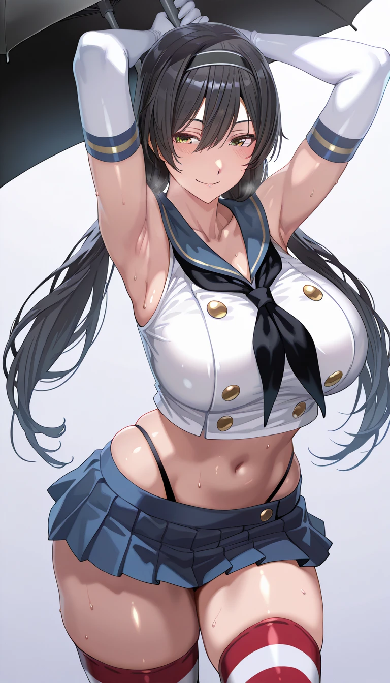 (long hair:1.3), (black hair:1.3), forehead, forehead mark, anatomically correct, heavy breathing, huge breasts, 1girl, breasts, skirt, thighhighs, blue_background, panties, large_breasts, underwear, navel, white_panties, blue_eyes, hat, sailor_collar, gloves, solo, white_legwear, thick_thighs, pantyshot, thighs, crop_top, rating:safe, microskirt, white_gloves, midriff, skindentation, sideboob sfw version, michiko_tanaka_mahoushoujoniakogarete,michiko tanaka, (shaded face:1.2), hollow eyes, yellow eyes, looking at viewer, (heavy breathing:1.2), expressionless, glaring eyes, forehead mark, makeup, (anime coloring, anime screencap)