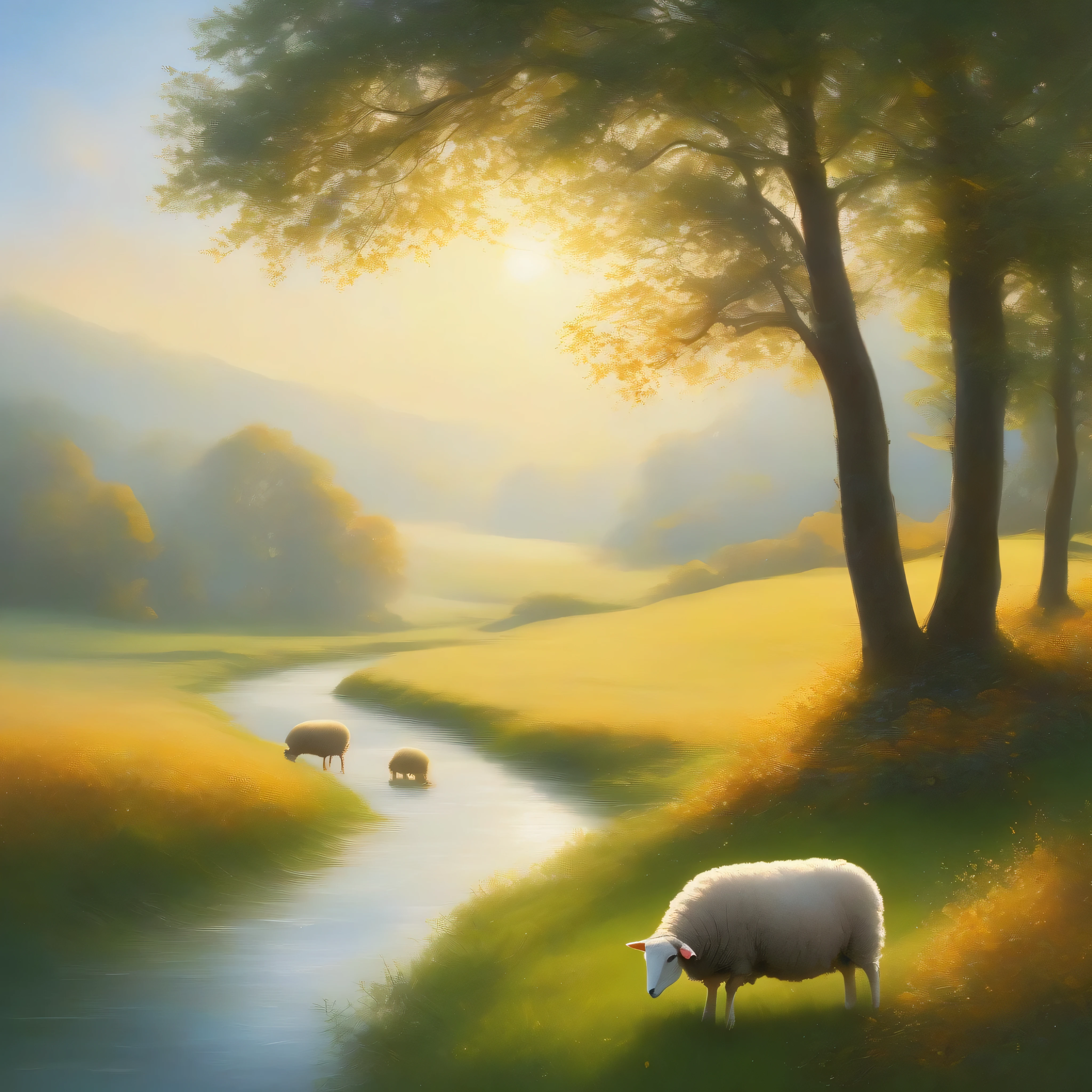 a peaceful divine landscape inspired by Psalm 23, soft green pastures stretching into the horizon, golden autumn light filtering gently through tall trees, a calm river reflecting the sky, gentle fog hugging the hills, a serene path winding through the valley, suggesting divine guidance, warm sunlight breaking through mist in the distance, a subtle table set in nature with bread and cup glowing softly, symbolic oil shining faintly on a resting figure’s head, soft aura of divine light, one small sheep nearby resting, deeply spiritual atmosphere, painterly details, emotional light, beautiful illustration, harmonious colors, delicate composition, high detail, digital painting, Illustrious style