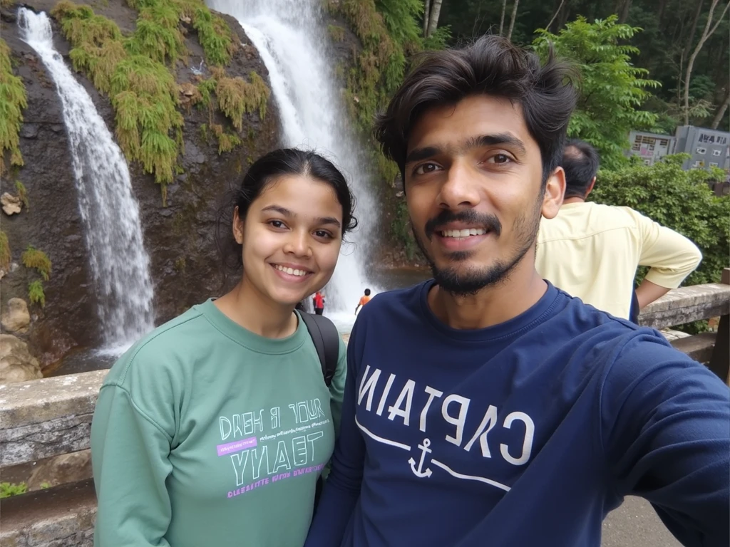 A man the name is Sagar his small sister architha, his small sister celebrating brother's birthday by cutting cake, the background is in the Nature full of waterfall