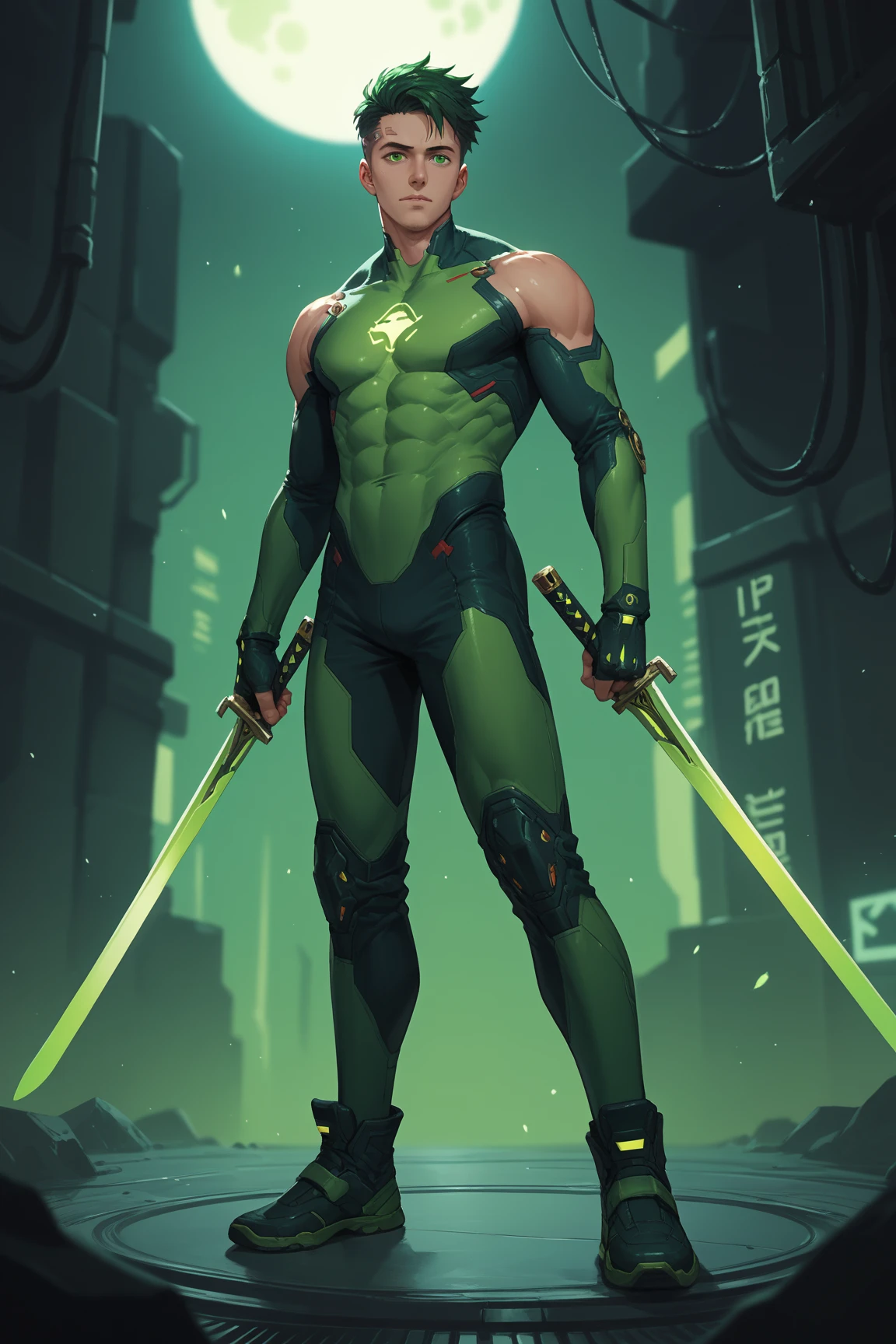 masterpiece, hd quality,1boy, solo, (green_skin:1.9), (grey_fullbody clothingr:1.4), ((white_ponytail hair with a fade)), (black samurai armor:1.1), black shoulder armor, red nike shoes, (black_fingerless gloves:1.5), dynamic pose, (holding a katana:1.3), shot from the side, unsheating his katana, (white_background:1.3), trending in artstation, trending in pixiv