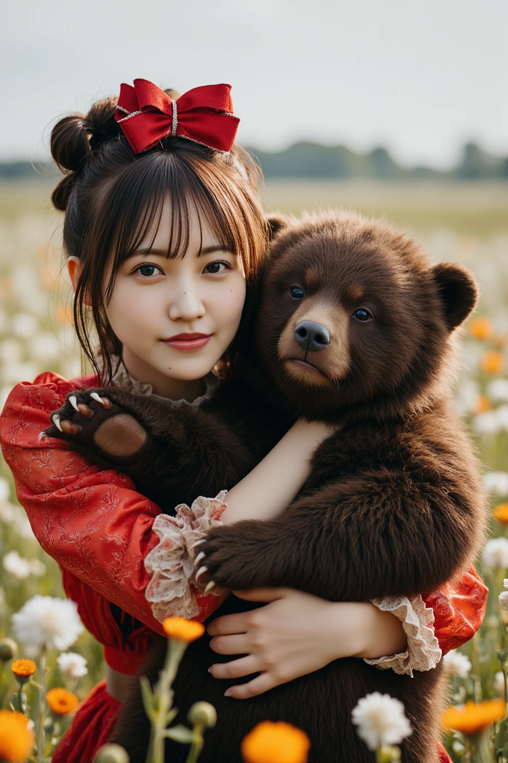 (Best quality), girl about 11 years old, close-up, In the woods, on riverside, hut, girl in a short gray dress, Ancient Style, there are two live bear cubs on the shore, noon, Beautiful landscape, without headdress, girl plays with live bear cubs