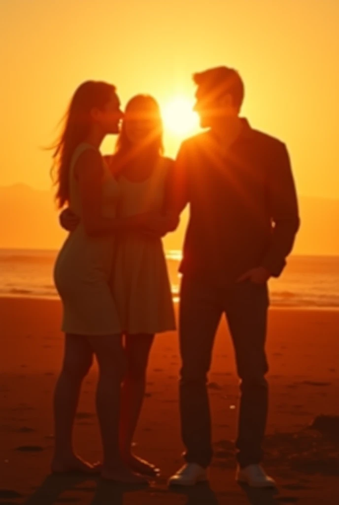 Two men is holding their hand on the beach and look at the sunset and woman is standing from behind them and look at them