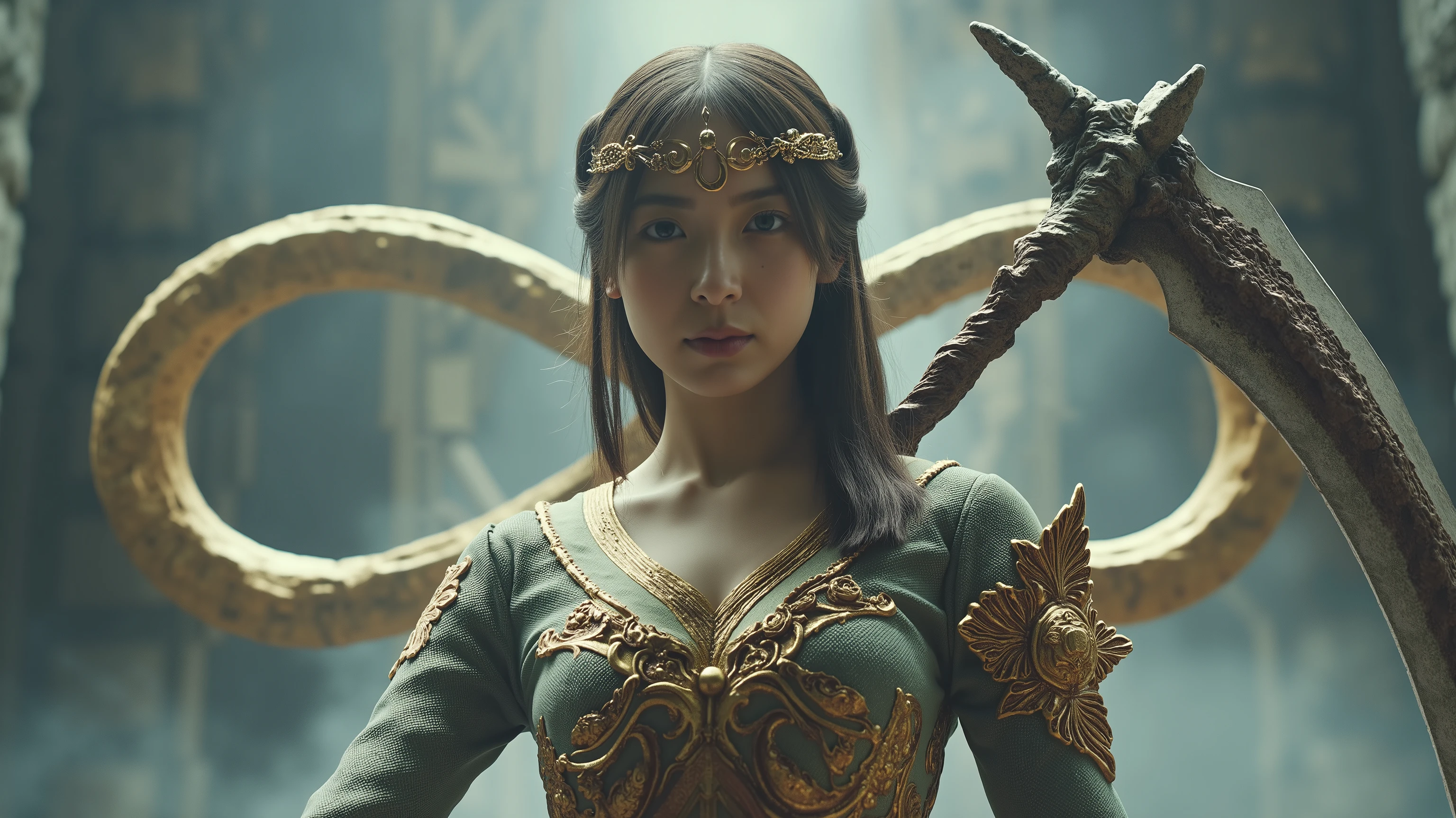 ((masterpiece, top quality, best image quality, high resolution, photorealistic, RAW photo, 8k)), ((Extremely Detailed CG Uniform 8K Wallpaper)), (shot of a huge and amazing goddess, very hot and sexy, breathtakingly beautiful, Completely-Blowed, beautiful body, slender beautiful body:1.4), Girl Who Wives a Giant Sickle , movie poster , big "infinity" It's written at the bottom of the screen,