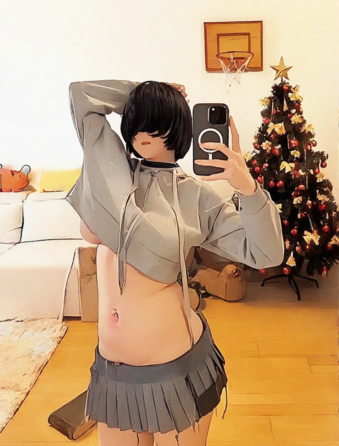 there is a woman taking a picture of herself in the mirror, Her navel was exposed, ecchi style, Surrealism female students, Surrealism female students, belly exposed, belly button showing, Guviz, thighhighs and skirt, trending at cgstation, 2 b, 2b, the anime girl is crouching, in clothes! Highly detailed
