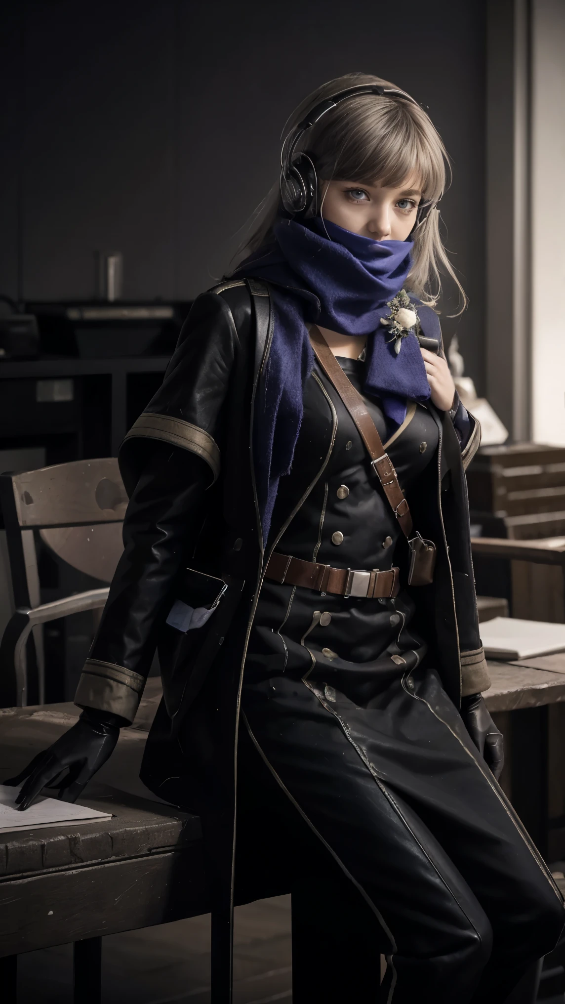 masterpiece, best quality, HD, 1girl, solo, Bkornblume, headphones, solo, blue scarf, latex coat, pager, observing interrogation, black dress, black gloves, grey hair, holsters, black long coat dress, long sleeves, gloves, gushing, full body, information, german girl, boots, sitting, opened breasts, die stasi spy, cafe background, pantyhose, shoes heels, holsters, coat buttons, knee, ((Bremen Street background)), noon background, Germany stasi, breasts, blue stocking, bkornblume, using pager, buildings stasi, indoor, giving information intelligence, confidential document papers, (((face close-up)), (lipstick), intelligence stasi spy