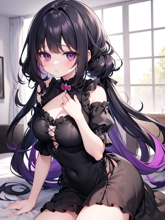 1 girl, alone, long hair, Large Breasts, Cleavage, Brown eyes, ponytail, purple hair, Black skirt, ,  , Mature female, widow, :d, (masterpiece: 1.0), (the best_quality: 1.0), silence