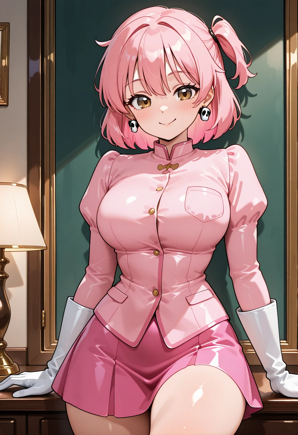 CHUN LI retro game , very beautiful body, deep neckline, short hair, pink suit, tight pants, Brown eyes, 4k

