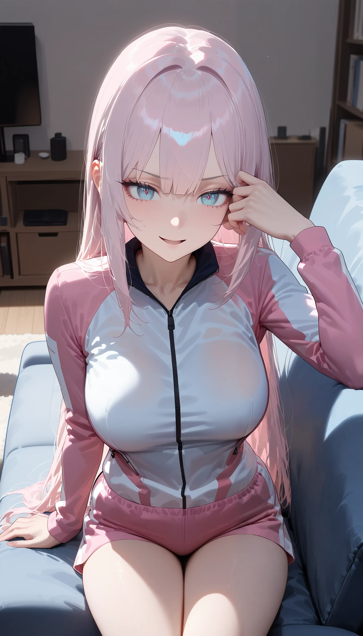 (top quality), ( more), ( best picture ), (masterpiece), detail line art, anime style, vivid color, Beautiful mature Anglo-Saxon adult female, sharp jawline , perfect body ratio, Very small head, very small face, IDEAL PROFIT BODY PROFIT, is in perfect shape, perfect style, Perfect balance, delicate facial features, BEAUTIFUL AND DETAILED WOMAN, VERY DETAILED eyes and face , (light blue eyes, realistic beautiful eyes), realistic beautiful face, slender, Pinkish White Skin, (((long hime cut, light pink hair))), big chest , (Sitting cross-legged on a blue sofa in the living room), (only Pink color full zip up training suit, pink shorts with white trim, white socks ), thighs, When eyes are half closed , look down from above , The viewpoint is the viewer, v-shaped eyebrows, open mouth, ((scornful face, disdain)), smirk