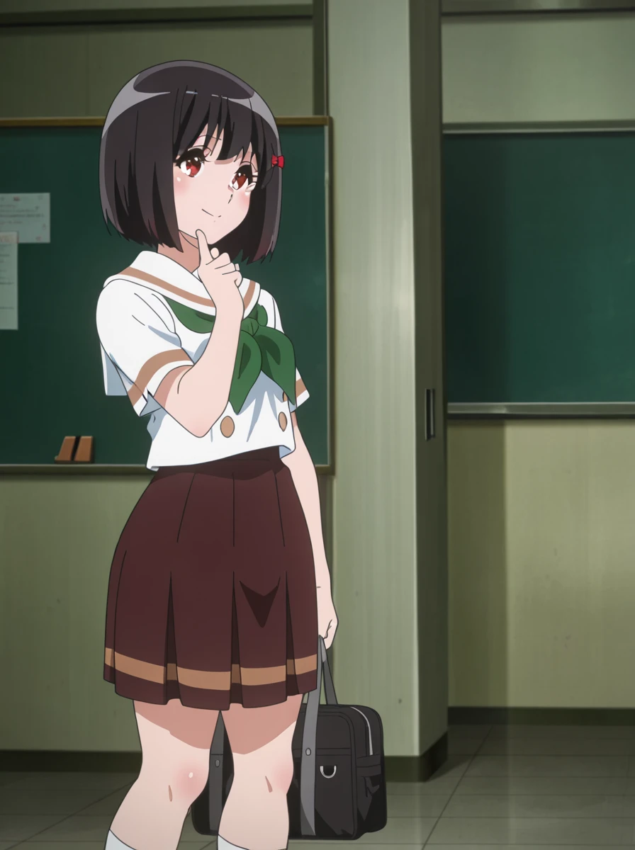 score_9, score_8_up, score_7_up, score_6_up, score_5_up, score_4_up, rating_explicit, nsfw, nananana, 1girl,
chihirokosaka, <lora:chihiro-kosaka-s1s2-ponyxl-lora-nochekaiser:1>,
chihiro kosaka, short hair, brown hair, hair ornament, brown eyes, hairclip,
skirt, thighhighs, zettai ryouiki, school uniform, shirt, red shirt, pink skirt, long sleeves,
nose, solo, full body view, standing, midday, sunny, bright,
indoors, classroom,
looking at viewer, smile, large breasts,
<lora:hidarikiki-Style-PonyXL-Dora-000007:1>