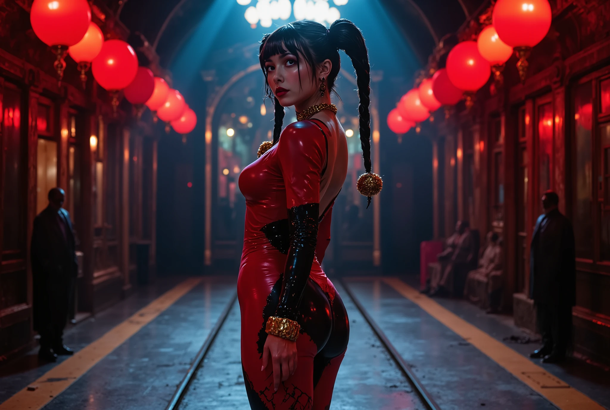 (((A crazy, pitch-dark circus in the 19th century:2.0))),circus with colorful balloons floating,((( Psychedelic Atmosphere :2.0))),(((Dance under the spotlight:2.0))),side view from the back,Side pose,((Looking back and looking at the camera:2.0)),((look back over my shoulder:2.0)),Rear View,One female clown,(cute faces:2.0),(Beautiful well-balanced face :2.0),((Twin tails with bangs:2.0)),(beautiful eyes:1.3),glamorous shot of a 20-year-old Japanese woman, Slender Beautiful Body ,((model body type:2.0)),((slim body:1.7)),perfect body line,Ideal Proportions,(big on the floor:2.0),((スリーサイズ90-58-86:3.0)),((G cup breasts:2.0)), popup,Bare thighs,Sensual Thighs,delicate body,(Glutinous Flesh:1.5),harmonious posture,((beautiful ass at the old train station:2.0)),((cute ass:2.0)), ((((bare ass :2.0)))),((( T-back :2.0))),(Realistic breast depiction :1.5),Carefully Depicting Limbs Based on Perfect Anatomy,(((Super High Leg Leotard in Harley Quinn Style:2.0))),(((black fishnet tights with rough mesh:2.0))),((Ripped Fishnet Stockings:1.5)),((Red and Black Super High-leg Leotard Made of Latex with Wide Open Chest:2.0)),((Black Whip:2.0)),((((Clown Makeup:2.0)))),((garter belt:2.0)),Concept Art,(top quality:1.5),(masterpiece:1.5),(超高resolution),resolution,UHD,(Delicate Description), carefully drawn with butterfly wings ,32k,((realistic skin texture:1.5)),(((ultra-realistic:1.5))),carefully draw eyelashes,very detailed face,Highly detailed female hand,very sensual,(Blurry Dim Backgrounds :1.5),professional photo shoot,(movie light:2.0),((Blade Runner style light:2.0))